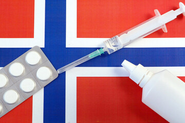 pills and syringe on Norway flag, coronavirus epidemic in Norway concept, covid - 19, coronavirus...