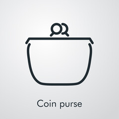 Icono lineal con texto Coin purse con monedero en fondo gris - obrazy, fototapety, plakaty
