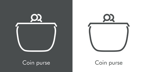 Icono lineal con texto Coin purse con monedero en fondo gris y fondo blanco