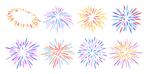 Hand drawn fireworks. Festival firework explosions, colorful burst flat vector set