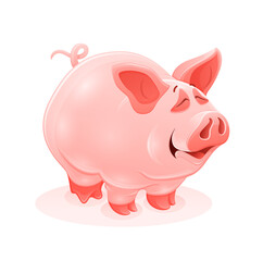 Pink piggy young cartoon animal, isolated white background. Illustration.
