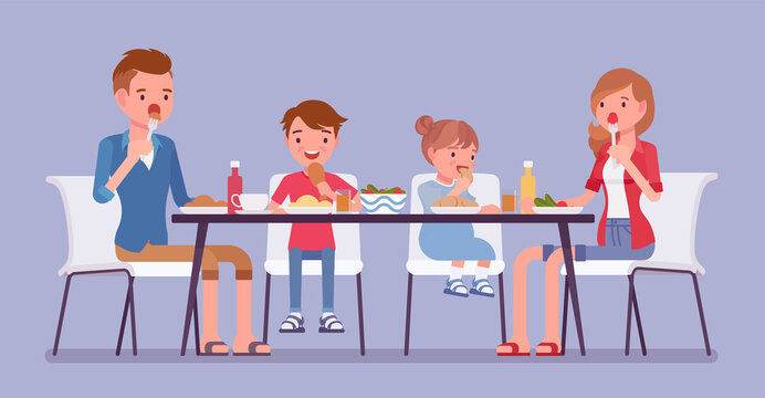 Happy family eating dinner at home table. Parents and kids gathering for food after work and study, sitting together to enjoy healthy tasty home-cooked meals. Vector flat style cartoon illustration
