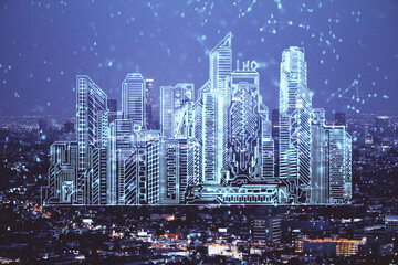 Double exposure of buildings hologram over cityscape background. Concept of smart city.