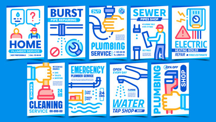 Plumber Service Creative Promo Posters Set Vector. Sewer Pipe, Plumbing And Water Tap Shop, Cleaning And Home Emergency Plumber Service Advertising Banners. Concept Template Style Color Illustrations
