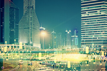 Data theme hologram drawing on city view with skyscrapers background multi exposure. Ai concept.