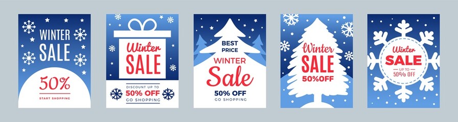 New year sale. Season discount, winter best price flyers set. Christmas promo cards vector template. Xmas flyer advertising, promotion holiday discount illustration - obrazy, fototapety, plakaty