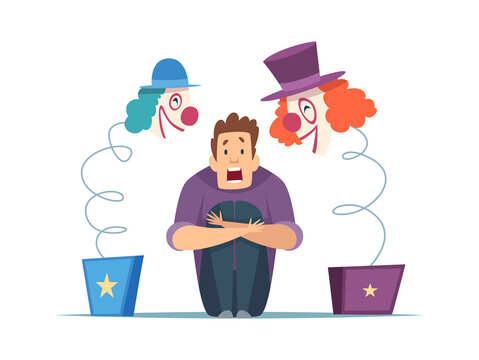Nervous man. Male in panic, fear of clowns. Isolated screaming guy, frightening circus toys vector illustration. Fear clown and horror evil, phobia fright