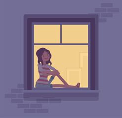 Window at night with young woman behind, sitting at windowsill. Lonely girl watching to the street, smiling and dreaming, waiting for friend. Vector flat style cartoon illustration, evening time house
