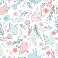 Seamless vector pattern with hand drawn branches, leaves, flowers and cute birds in pastel colors isolated on white background. Design for decoration, print, fabric, wallpaper, card