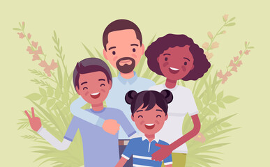 Multicultural happy family, parents and kids of different race, culture. Father, mother, son, daughter portrait, four members posing together, smiling in love. Vector flat style cartoon illustration