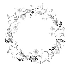 Fototapeta premium Vector black and white card with round frame from hand drawn branches, leaves, flowers and cute birds