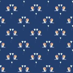 Seamless patterns. Romantic childrens mens collection. Cute angel boys sit with balloons on a blue background. Vector illustration. For valentines, design, textiles, packaging and printing