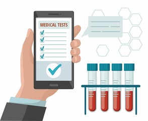 Hand holds mobile phone with medical app. Test tubes with blood test.