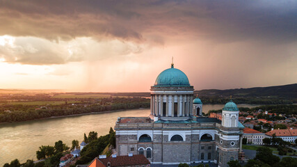 Magneficent basillica in Esztergom town from a drone right before a storm
