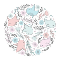 Vector illustration with round frame from hand drawn cute birds, flowers, leaves and branches in pastel colors isolated on white background. Design for room decoration, print, fabric, card