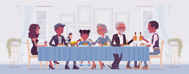 Big happy black family eating festive dinner at table. Holiday gathering for many people of different generations, friends, community, dining traditions. Vector flat style cartoon illustration