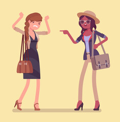 Conflict of interest for girlfriends, professional, difference of opinions. Emotional friends communicating badly, stress relief difficulty, girls get jealous. Vector flat style cartoon illustration