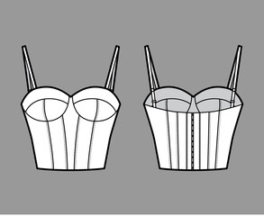 Bra longline lingerie technical fashion illustration with adjustable shoulder straps, molded cup, hook-and-eye closure. Flat template front, back white color style. Women unisex underwear CAD mockup