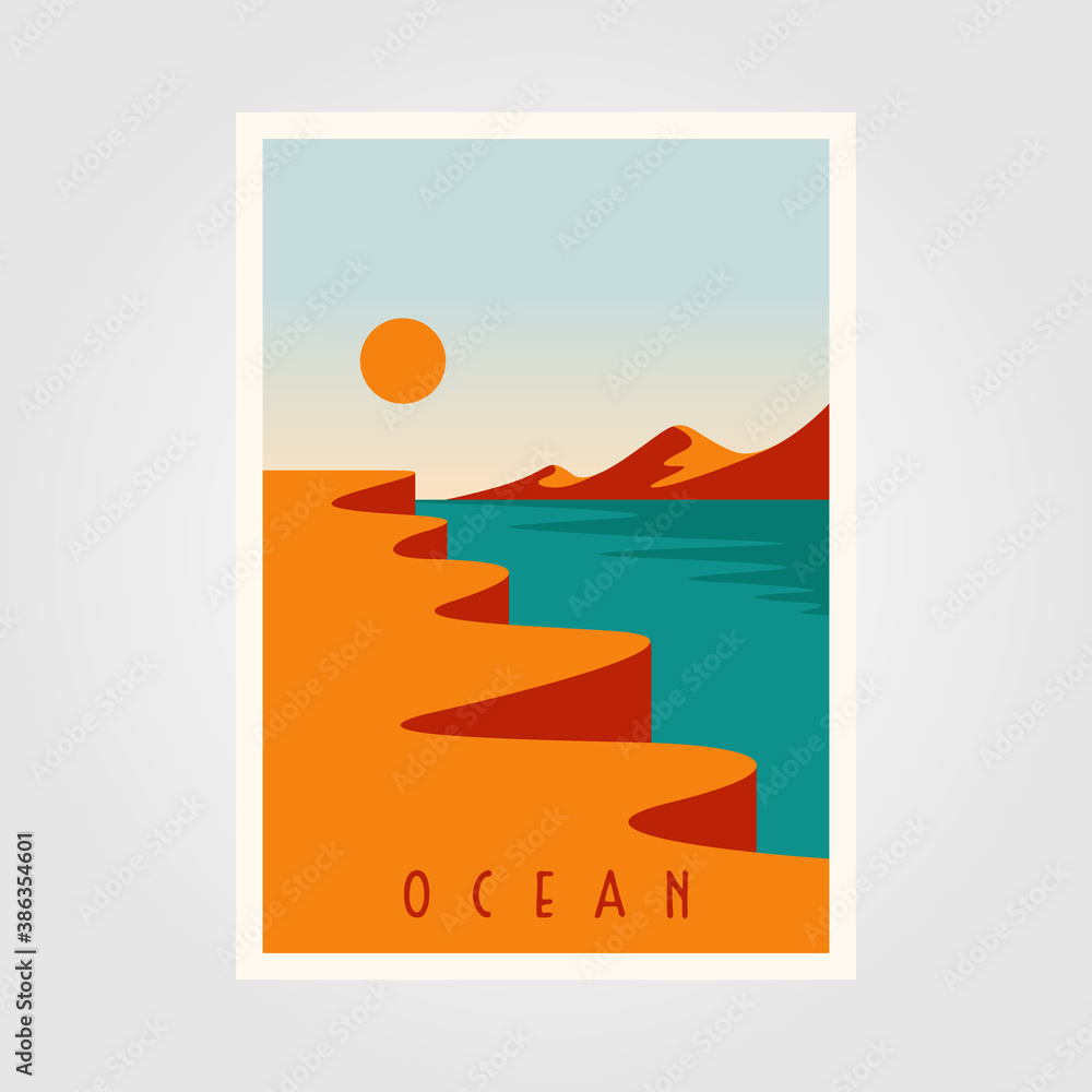 Wall mural ocean sunset minimalist poster vector template illustration design - Wall murals