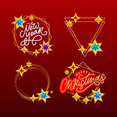 Happy New Year 2020. Lettering Composition With Stars And Sparkles. Holiday Vector Illustration frame