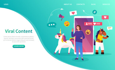 Viral content creative website template. Fairy-tale characters on the background of a giant smartphone. Blog promotion, SMM management, Social Media blogging concept. Flat cartoon vector illustration.