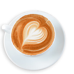 Cup of coffee latte isolated on white background. Top view.