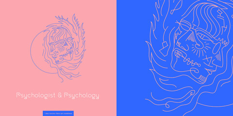 Psychology vector emblem cabinet with line art illustration. Psychologist logo concept. Psychotherapy banner with mental health care symbol, mental wellness courses sign, meditation practice logotype.