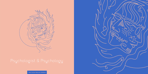 Psychologist logo concept. Psychology vector emblem cabinet with line art illustration. Psychotherapy banner with mental health care symbol, mental wellness courses sign, meditation practice logotype.