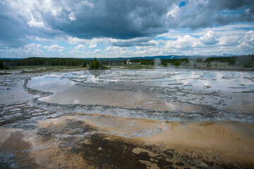 hydrothermal area of great fountain geyser in yellowstone national park, wyoming in the usa