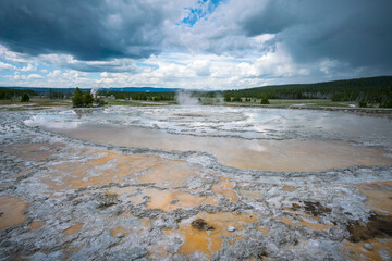 hydrothermal area of great fountain geyser in yellowstone national park, wyoming in the usa