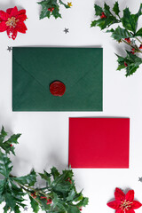 Christmas mock-up letter, envelope and holly leaves frame.