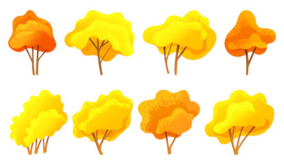 Tree collection, different forms trees with orange, yellow leaves, autumn tree symbols, natural concept, landscape interface, forest or wood, organic plant in flat style, environment symbols