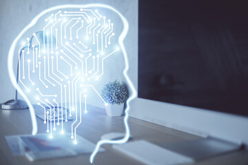 Double exposure of work space with computer and human brain drawing hologram. Brainstorm concept.