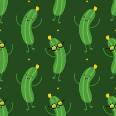 Cute and funny cucumber cartoon characters smiling, having fun, dancing. Vector seamless pattern background.