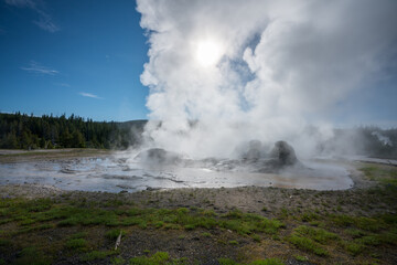hydrothermal areas of upper geyser basin in yellowstone national park, wyoming in the usa