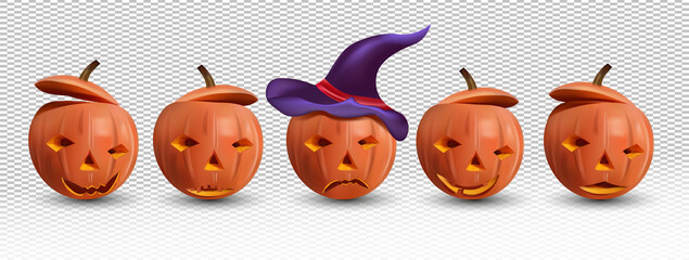 Orange pumpkins for your design on transparent background. Concept Happy Halloween. Set of the happy and evil pumpkin with a hat. 3D realistic vector illustration.