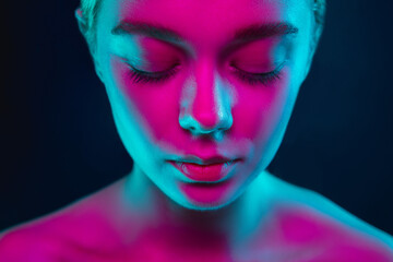 Tender. Portrait of female fashion model in neon light on dark studio background. Beautiful...