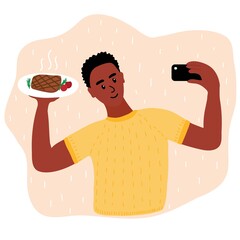 Caucasian man food blogger making photo selfie with salmon steak and lemon and rosemary for blog. Cute boy with smartphone camera. Social media Vector cartoon illustration
