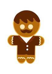 Gingerbread man in a jacket made of chocolate glaze on a white background. Graphic element for greeting card for New Year and Christmas. Vector illustration.