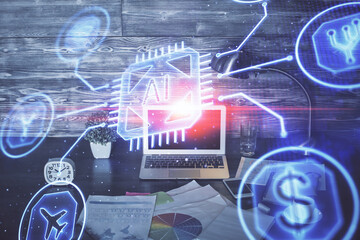 Double exposure of laptop computer and technology theme hologram. Concept of freelance work.