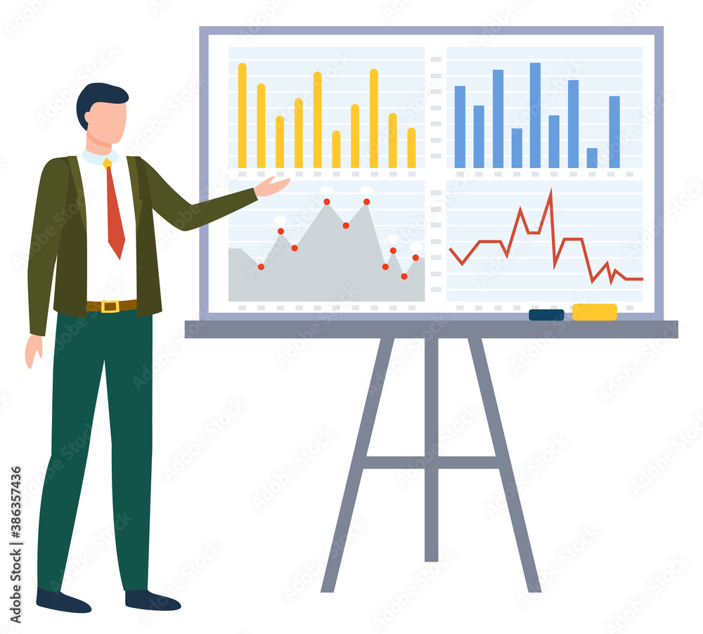 Poster man standing near statistics chart and looking on it. business analytics graphs, company information