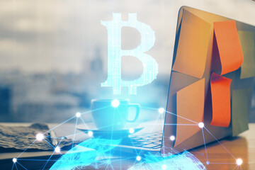 Double exposure of blockchain theme hologram and table with computer background. Concept of bitcoin...