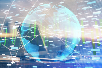 Multi exposure of business theme icons and work space with computer background. Concept of success.