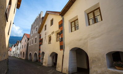 The typical and picturesque buildings of the town of Glorenza, province of Bolzano, South Tyrol, Italy
