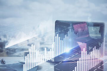 Forex Chart hologram on table with computer background. Double exposure. Concept of financial markets.