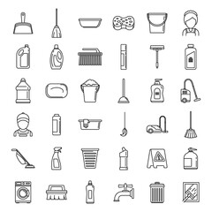 Cleaning services equipment icons set. Outline set of cleaning services equipment vector icons for web design isolated on white background