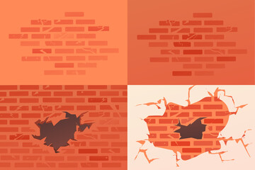 Brick walls set. Pattern of red brick. Destroyed wall, collapse of masonry, accident, strong blow against the wall.
