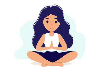 Obraz premium Girl in yoga lotus practices meditation. Vector illustration in flat style. Young woman meditating 