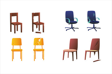 Set of illustrations of chairs on a white background. Office chairs, school chairs and office chair. Broken chair repair. Shabby, tornchairs.