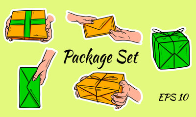 Set of postal parcels. The package is in hand. The envelope is passed from hand to hand.